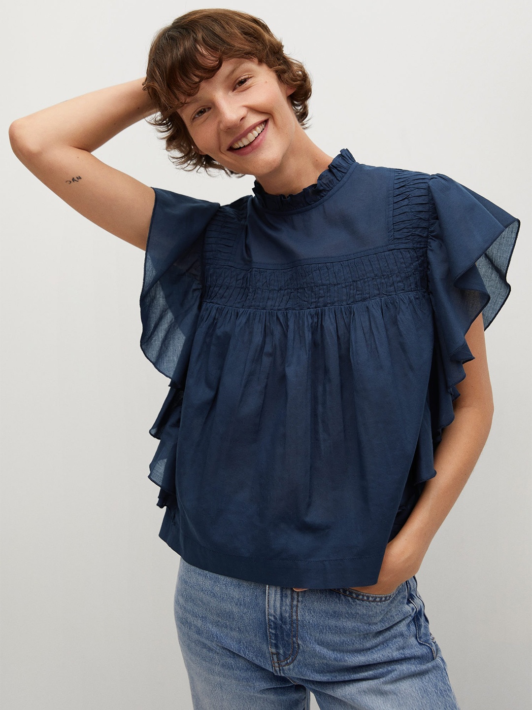 

Mango Navy Blue Solid Pleated Cotton Regular Top