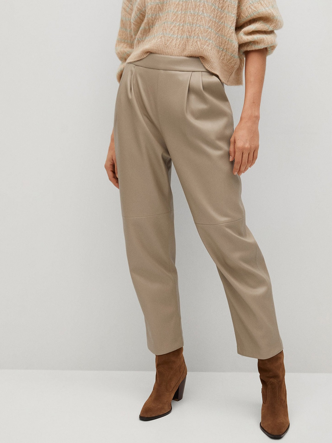 

MANGO Women Beige Regular Fit Solid Coated Cropped Trousers