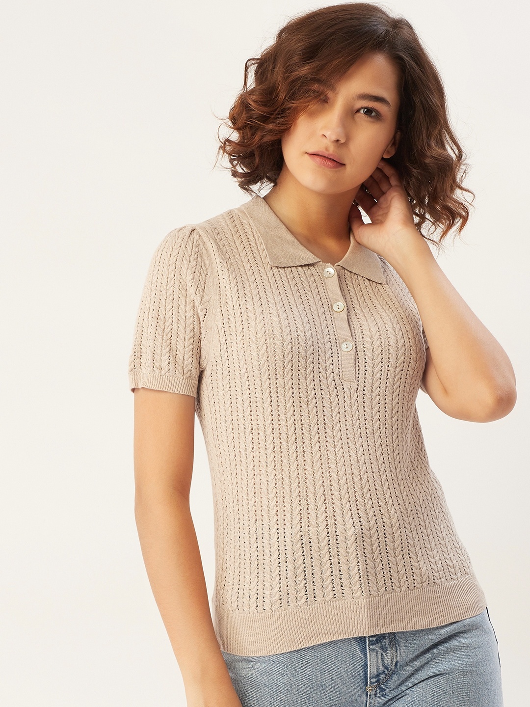 

MANGO Women Beige Self-Striped Polo Collar T-shirt