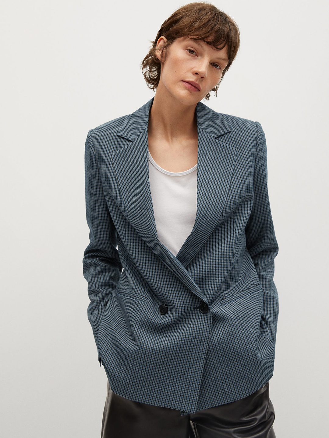 

MANGO Women Blue & Black Checked Double Breasted Sustainable Casual Blazer