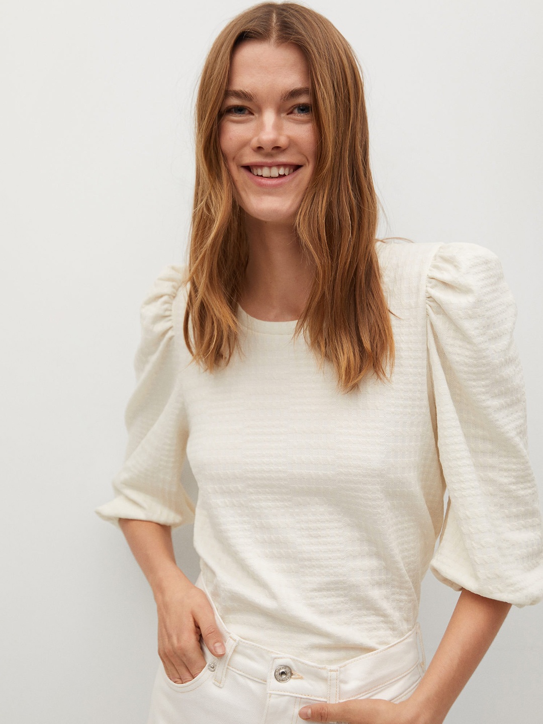 

Mango Off White Checked Puff Sleeves Regular Top