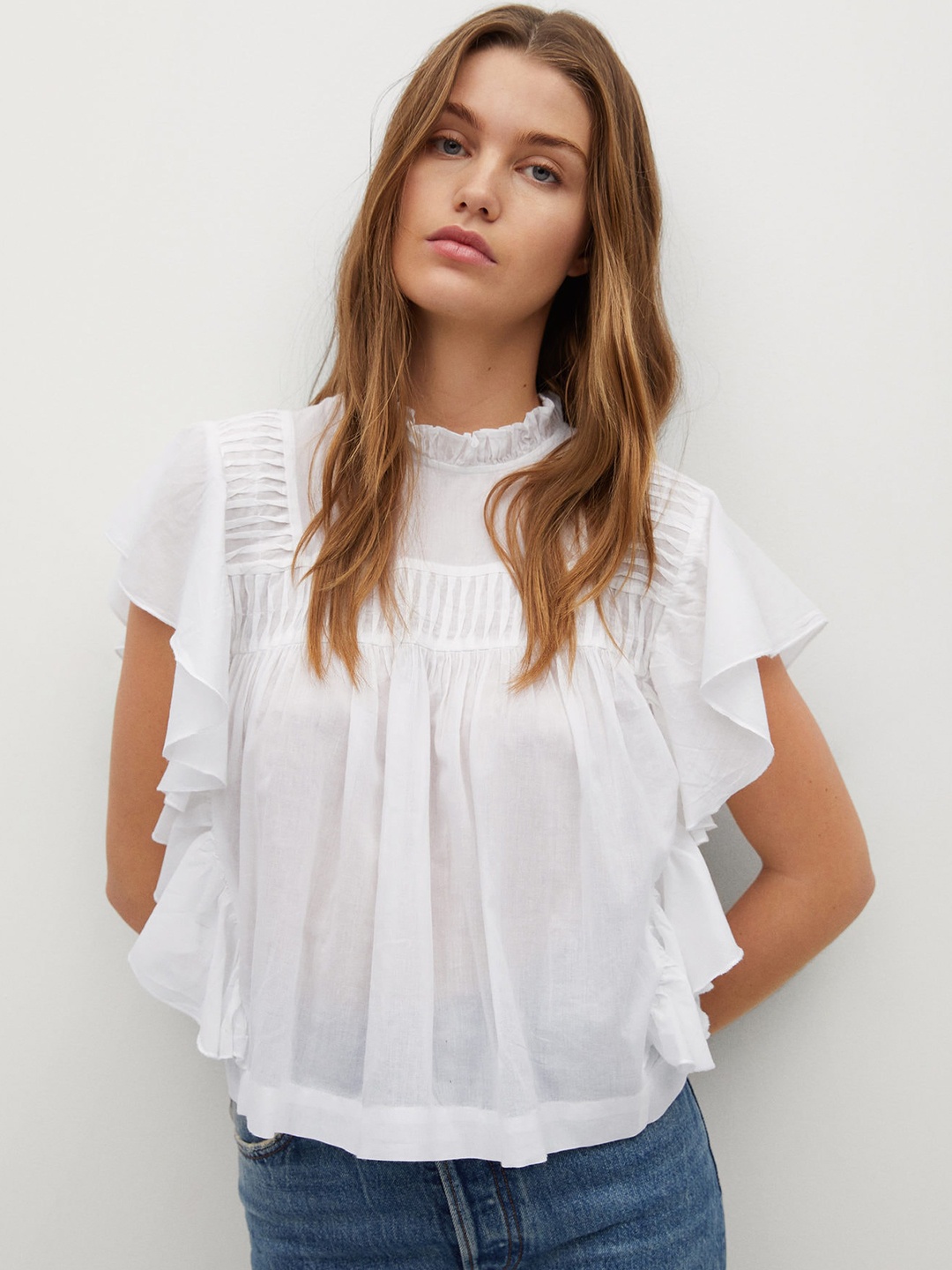 

Mango White Solid Pleated Cotton Regular Top