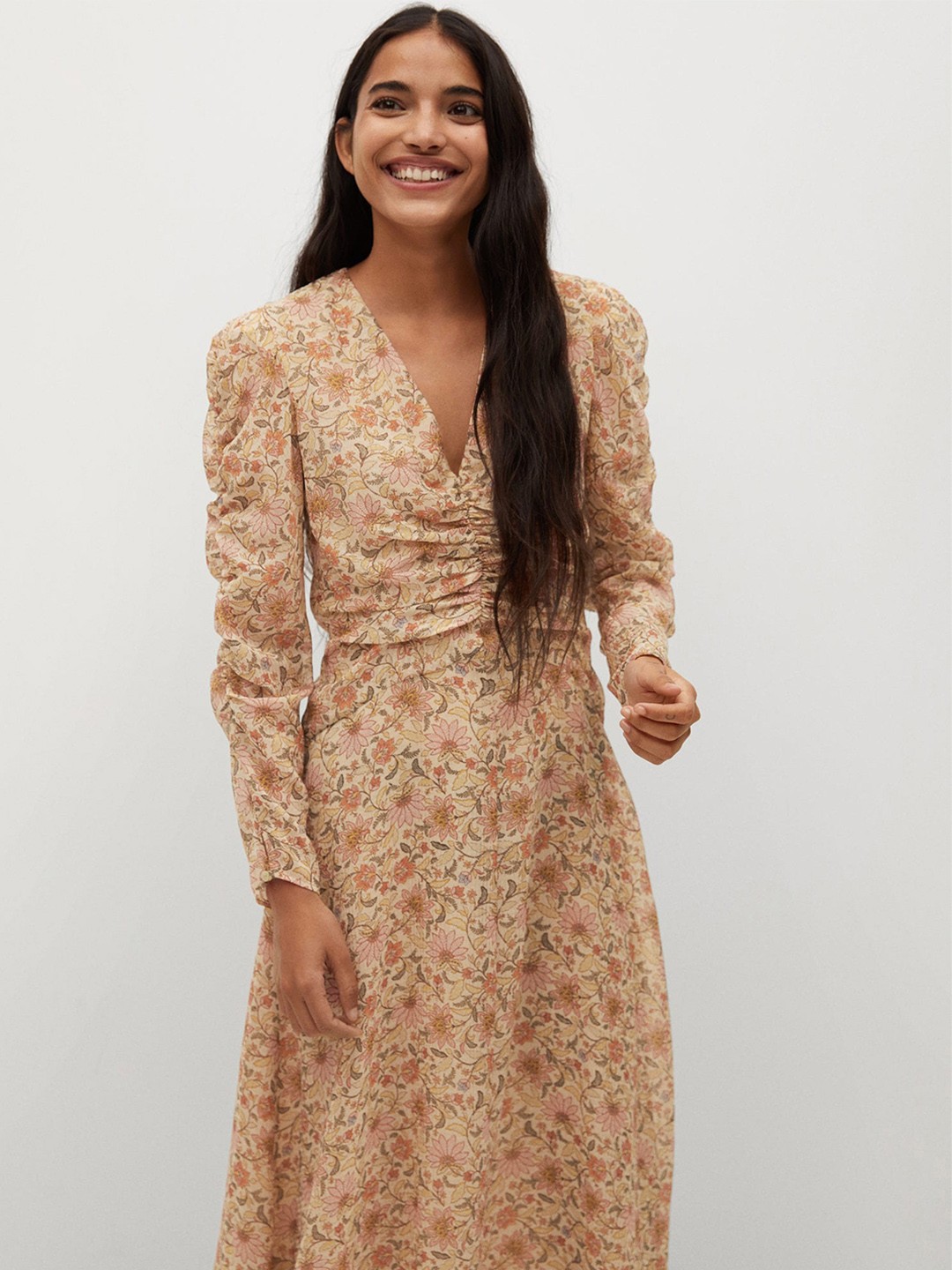 

MANGO Women Beige & Pink Floral Print A-Line Dress with Gathers