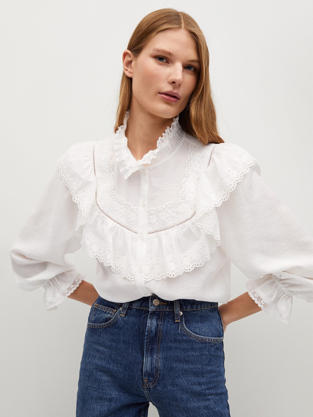 

Mango White Self Design Regular Victorian Top