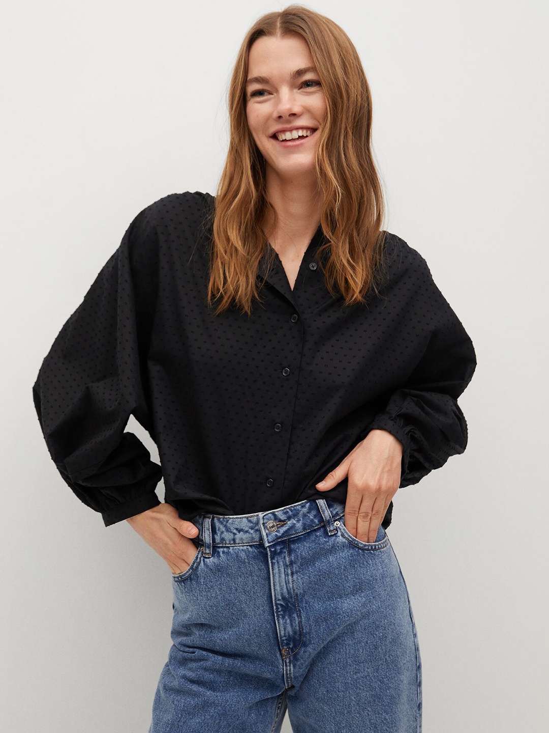

Mango Black Self Design Dobby Pattern Shirt Style Sustainable Top