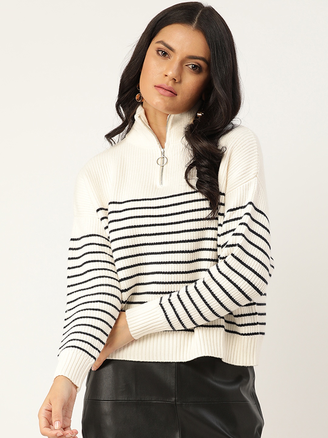 

MANGO Women White & Black Striped Pullover with Zip Detail