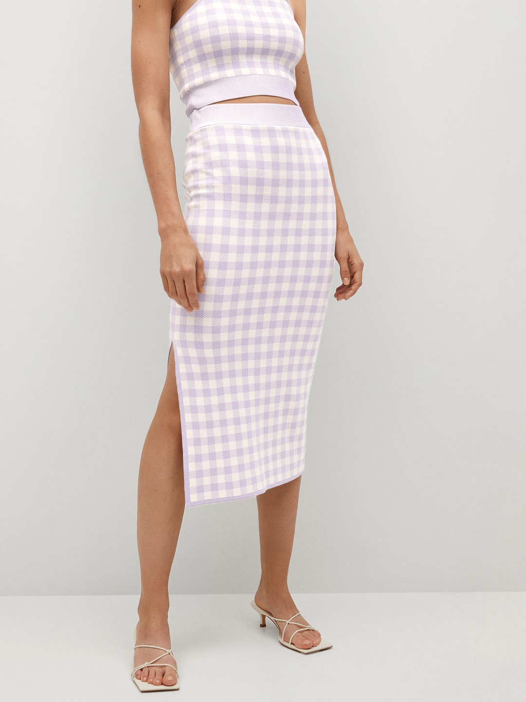 

MANGO Lavender & White Checked Side Slit Straight Midi Skirt