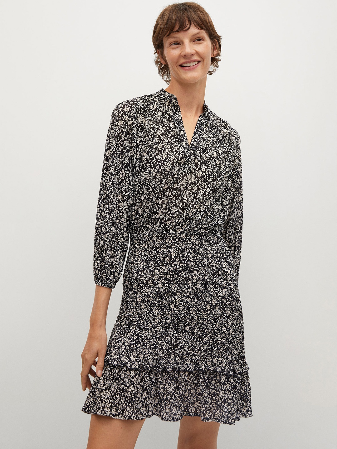 

MANGO Women Black & Off-White Floral Print Sustainable A-Line Dress