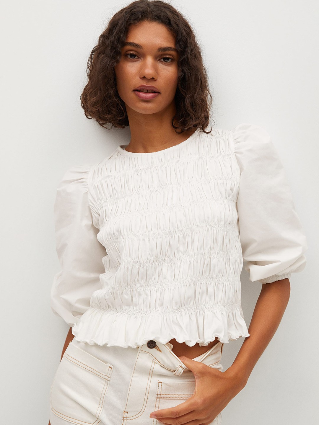 

MANGO Women White Organic Cotton Ruching Puff Sleeves Regular Crop Top