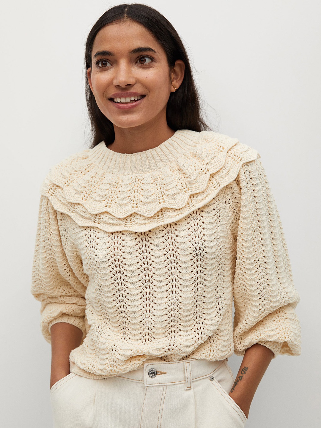 

MANGO Women Off White Open Knit Pullover with Removable Neck