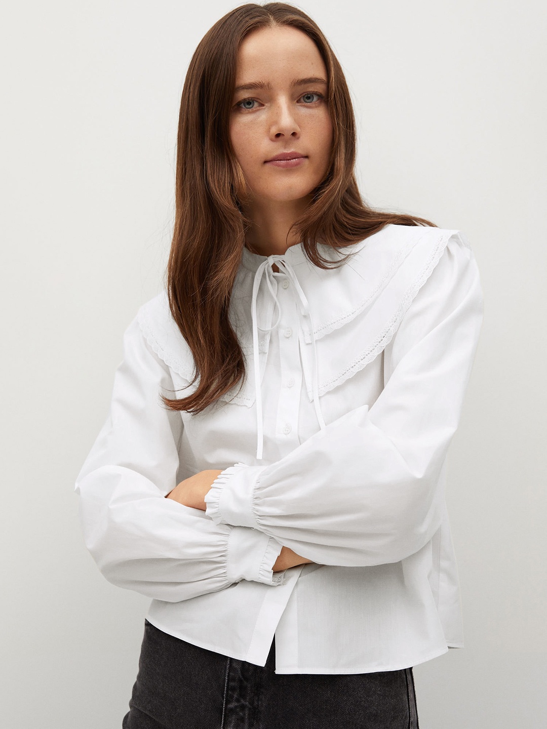 

MANGO White Pure Cotton Babydoll Neck Puff Sleeves Victorian Top