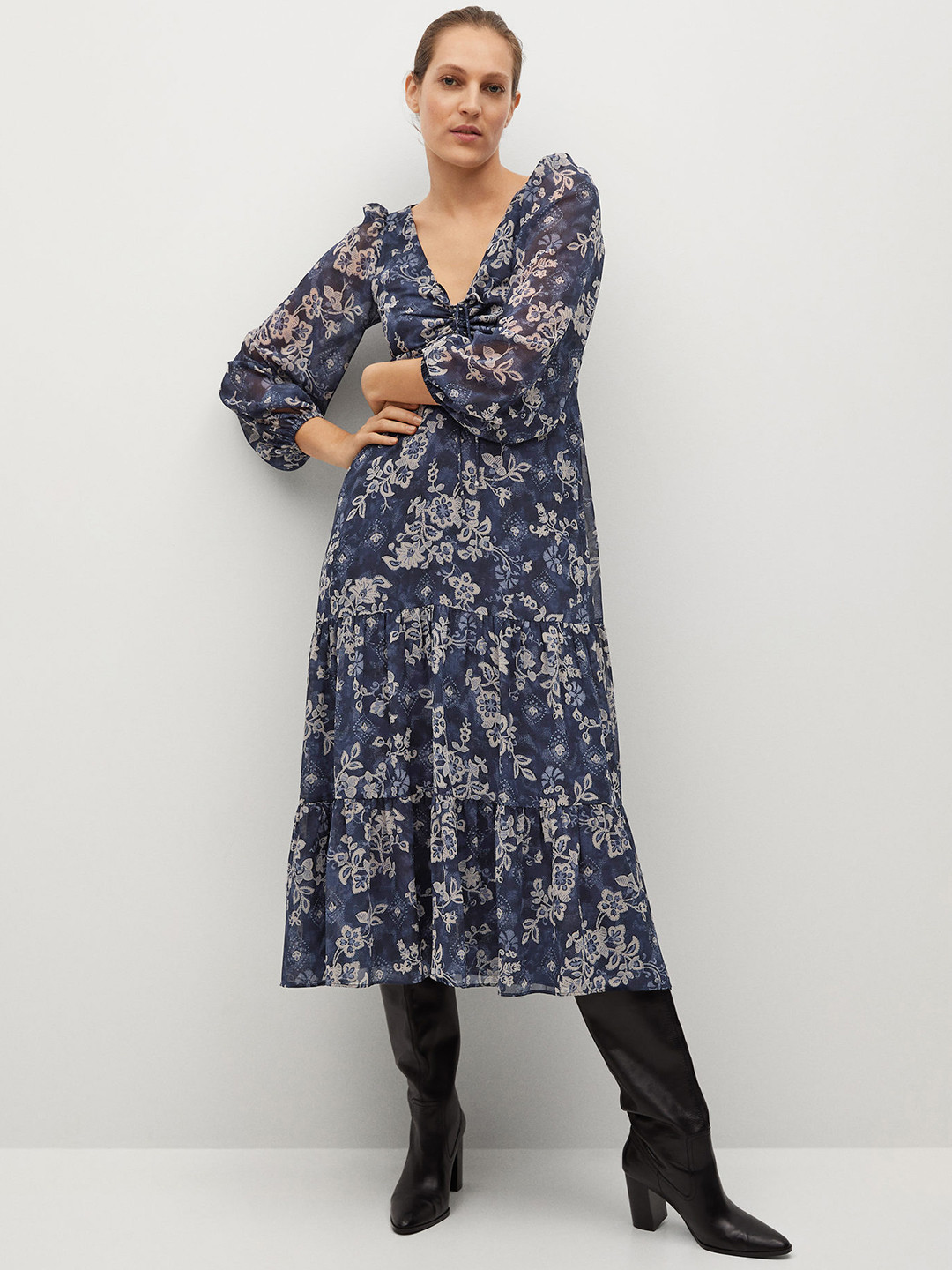 

MANGO Women Navy Blue & Off-White Recycled Polyester Floral Printed Tiered A-Line Dress
