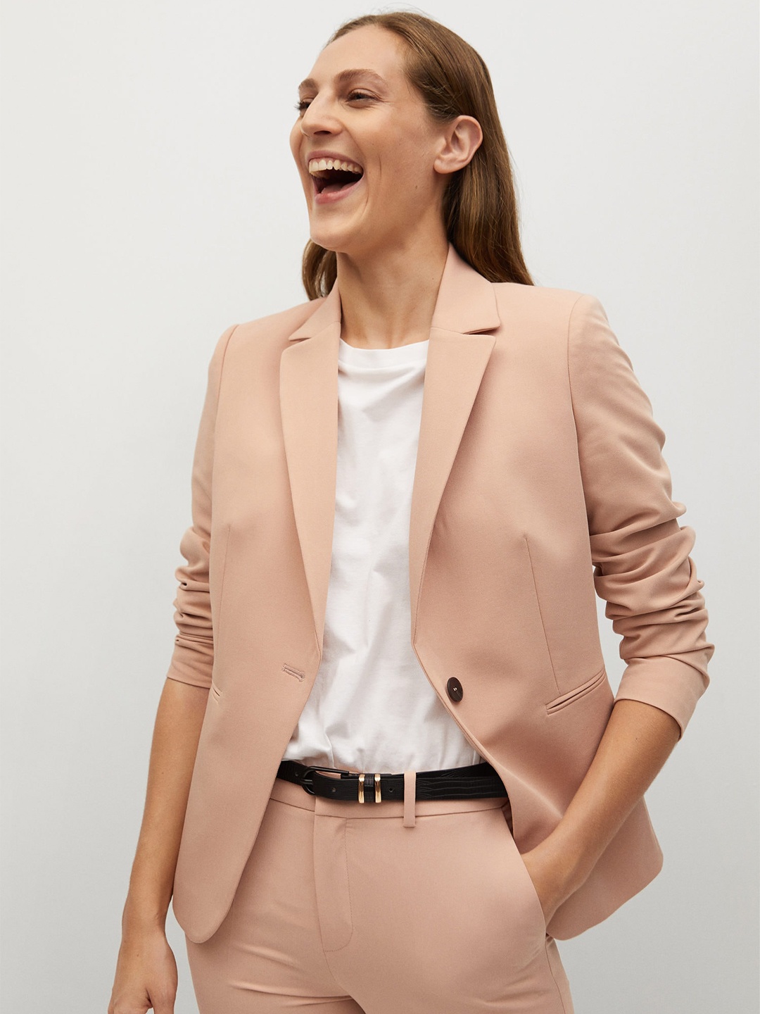 

MANGO Women Peach-Coloured Solid Tailored Fit Single-Breasted Sustainable Blazer