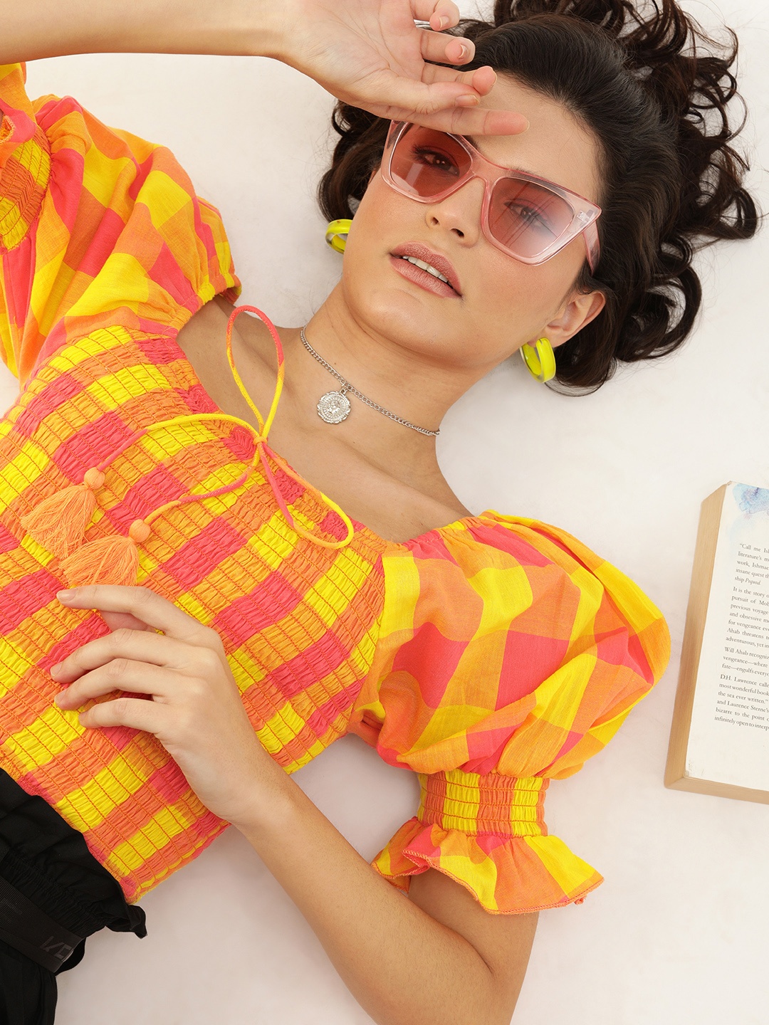 

Antheaa Yellow & Pink Checked Puff Sleeves Pure Cotton Fitted Crop Top