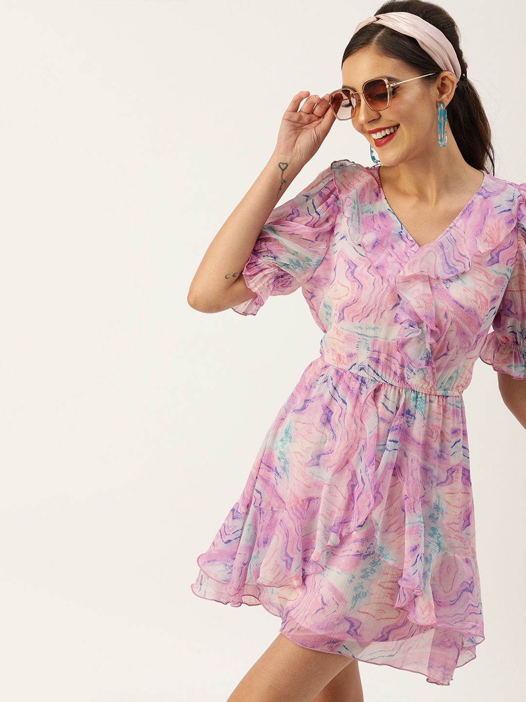 

Antheaa Women Pink & Purple Printed Frilled Mini Fit and Flare Dress