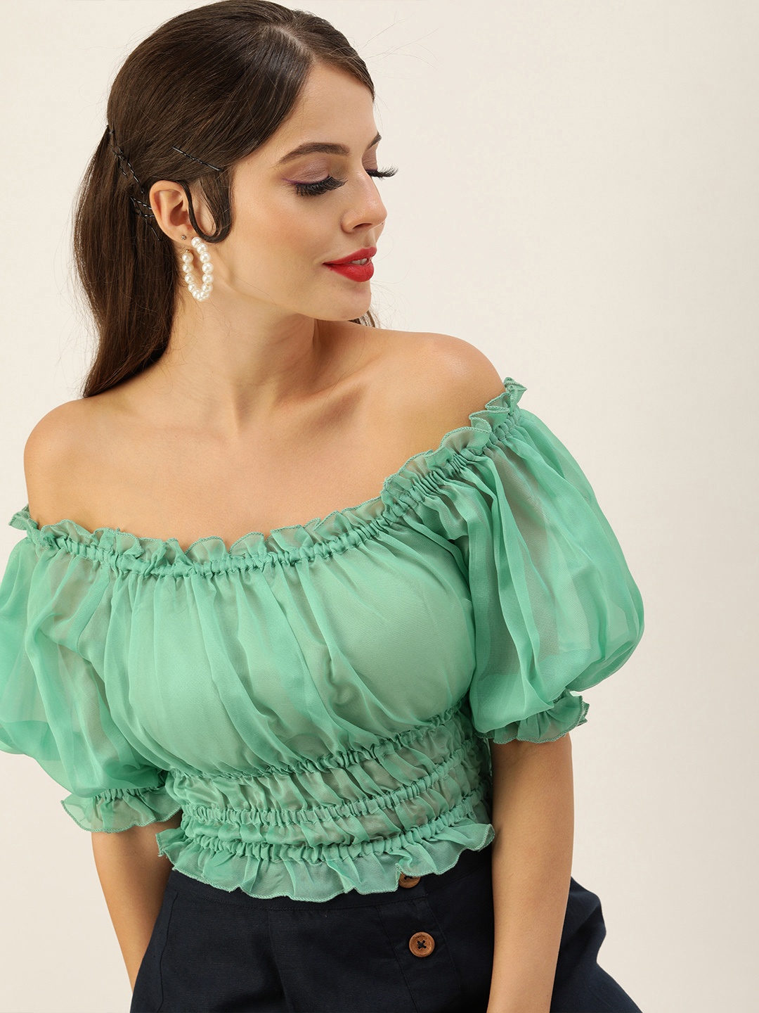 

Antheaa Women Sea Green Solid Off-shoulder Puff Sleeves Fitted Crop Top