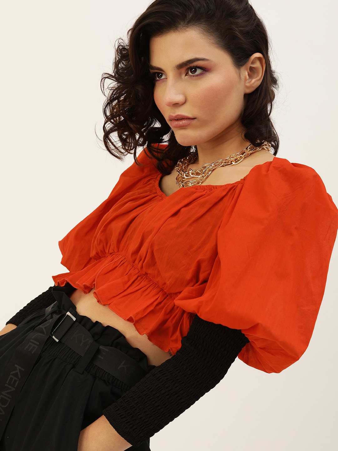 

Antheaa Orange Puff Sleeves Pure Cotton Fitted Crop Top