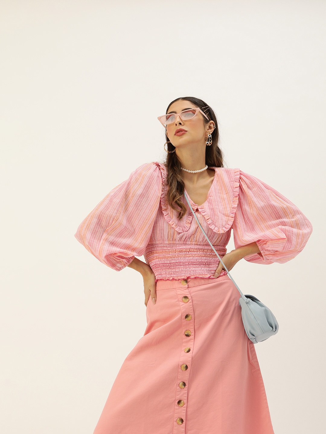 

Antheaa Pink Puff Sleeves Peplum Top