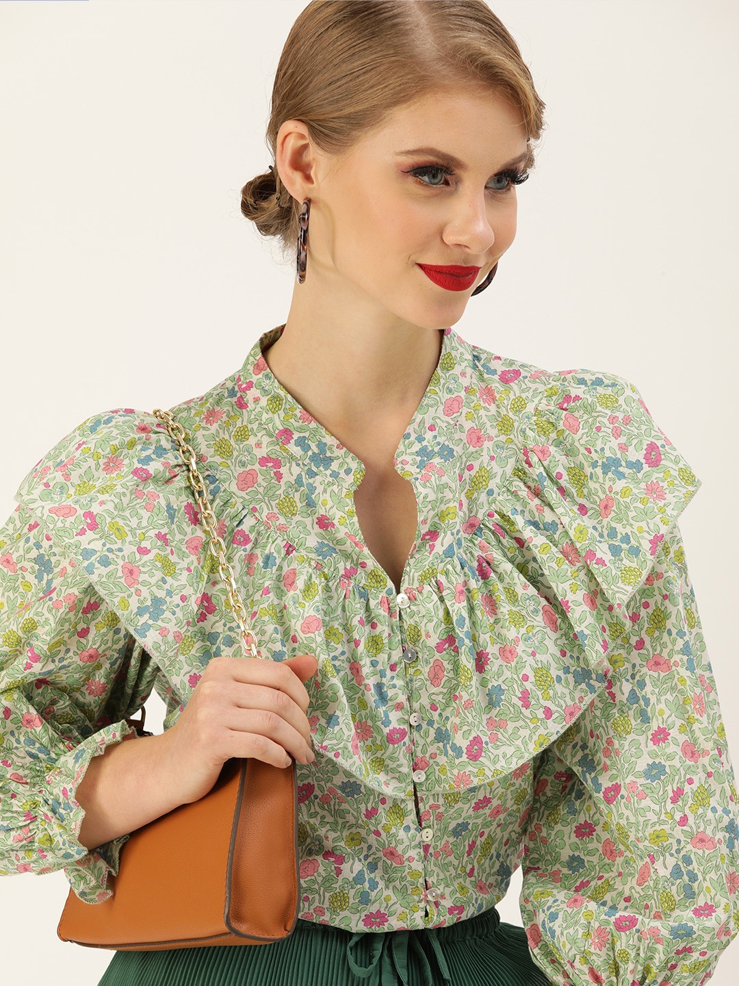 

Antheaa Green & Pink Floral Mandarin Collar Power Shoulder Pure Cotton Shirt Style Top