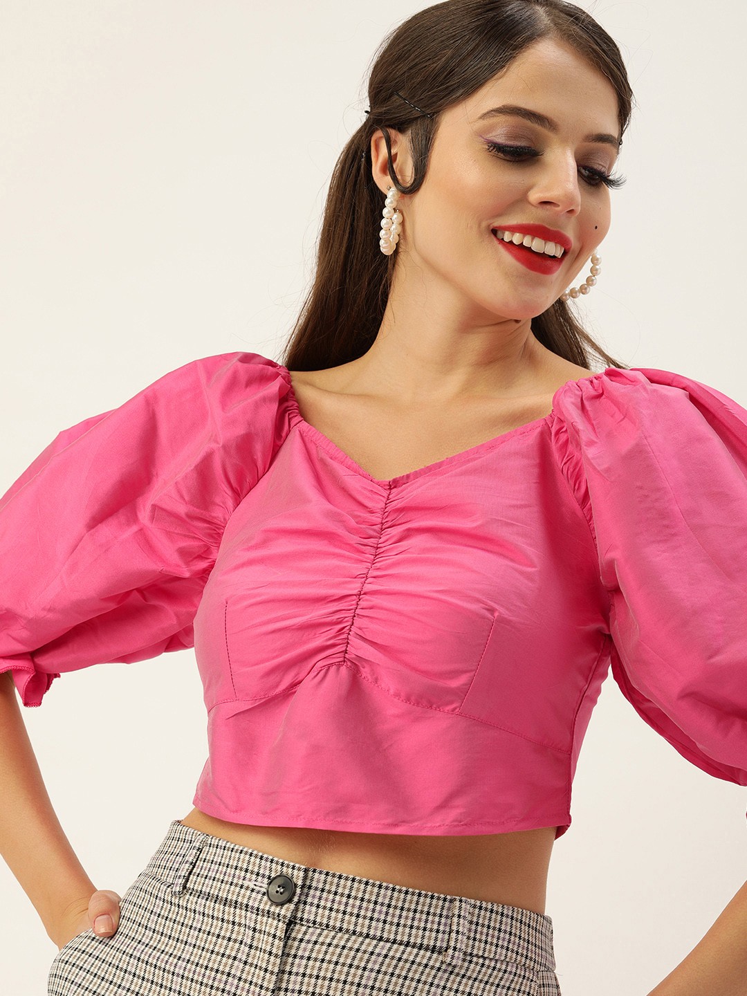 

Antheaa Women Pink Solid Puff Sleeves Regular Crop Top