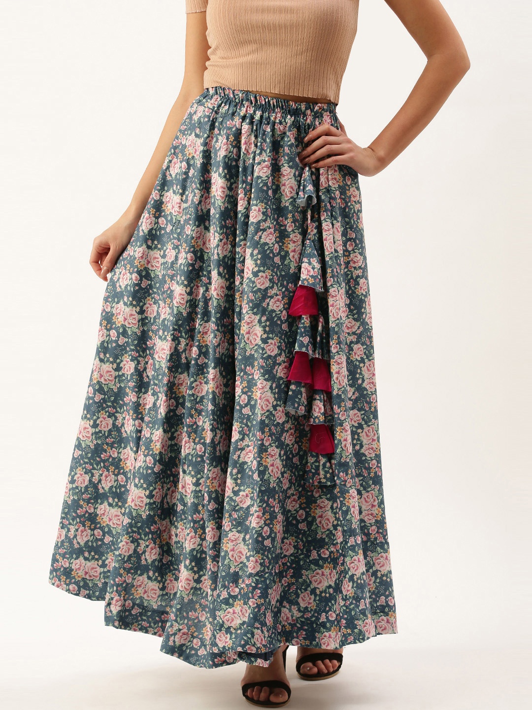 

LOOKNBOOK ART Women Blue & Red Printed Flared Maxi Skirt With Hand Made Tassels