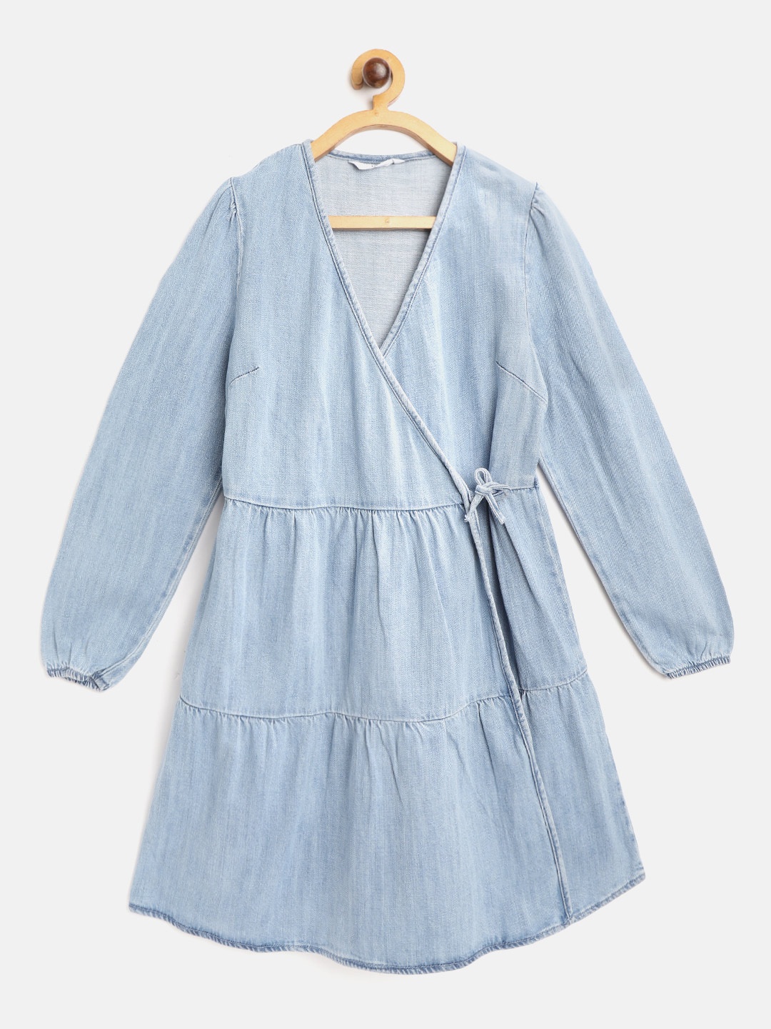 

Marks & Spencer Girls Blue Washed Sustainable Denim Tiered Wrap Dress