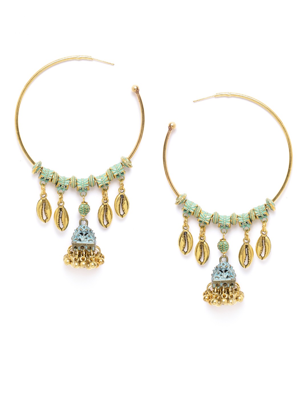 

DIVA WALK Antique Gold-Toned & Sea Green Handcrafted Enamelled Dome Shaped Jhumkas