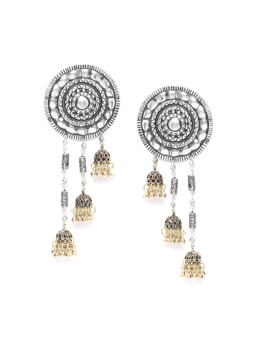 

DIVA WALK Oxidised Silver-Toned & Antique Gold-Toned Handcrafted Dome Shaped Jhumkas