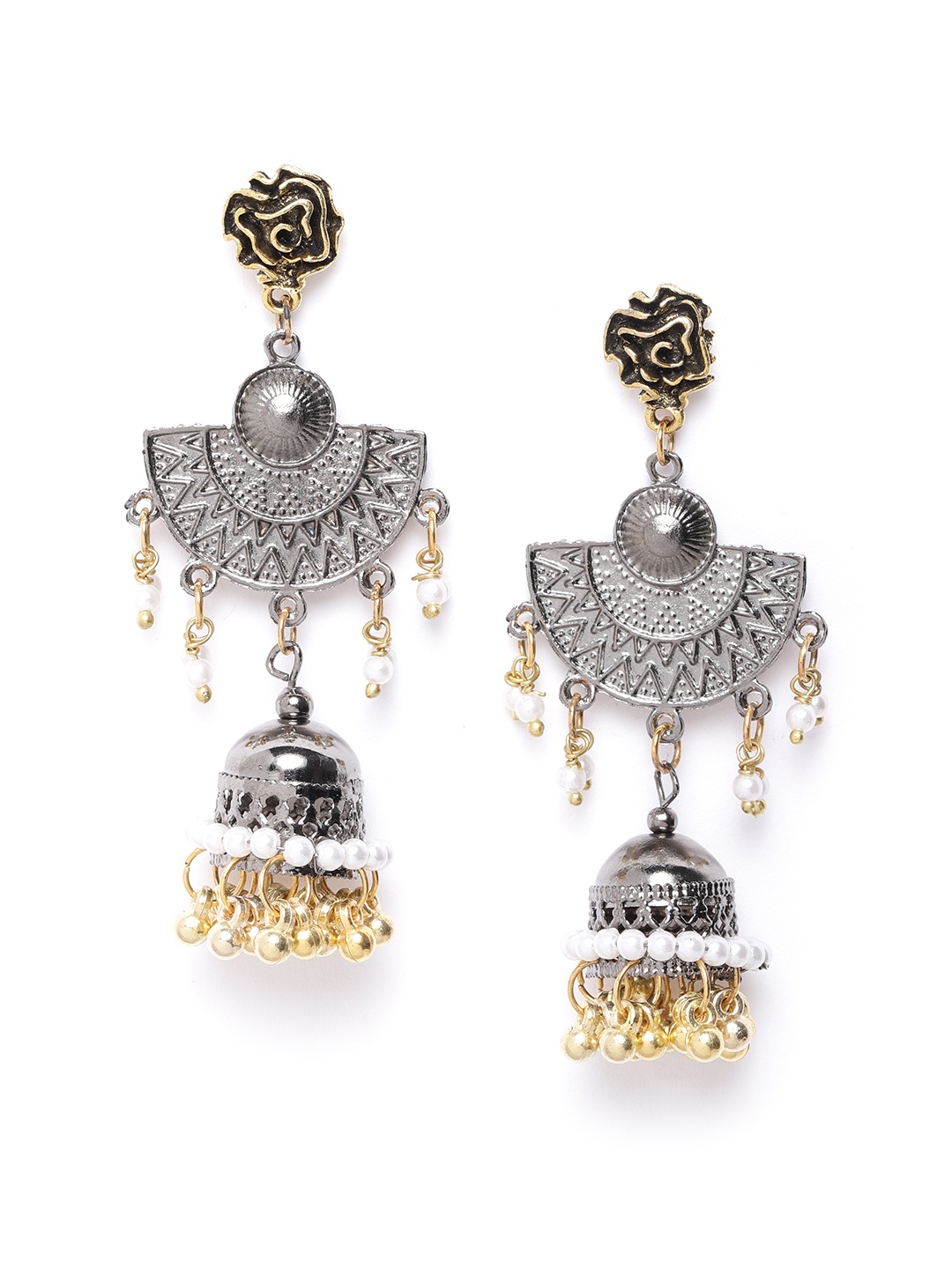 

DIVA WALK Oxidised Silver-Toned & Antique Gold-Toned Beaded Handcrafted Jhumkas