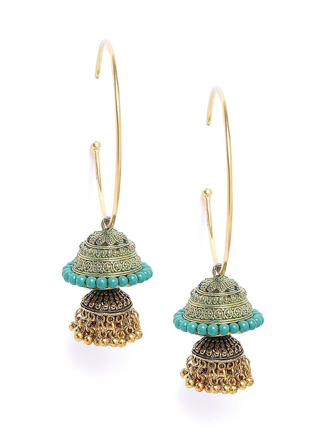 

DIVA WALK Antique Gold-Toned & Turquoise Blue Beaded Handcrafted Dome Shaped Jhumkas