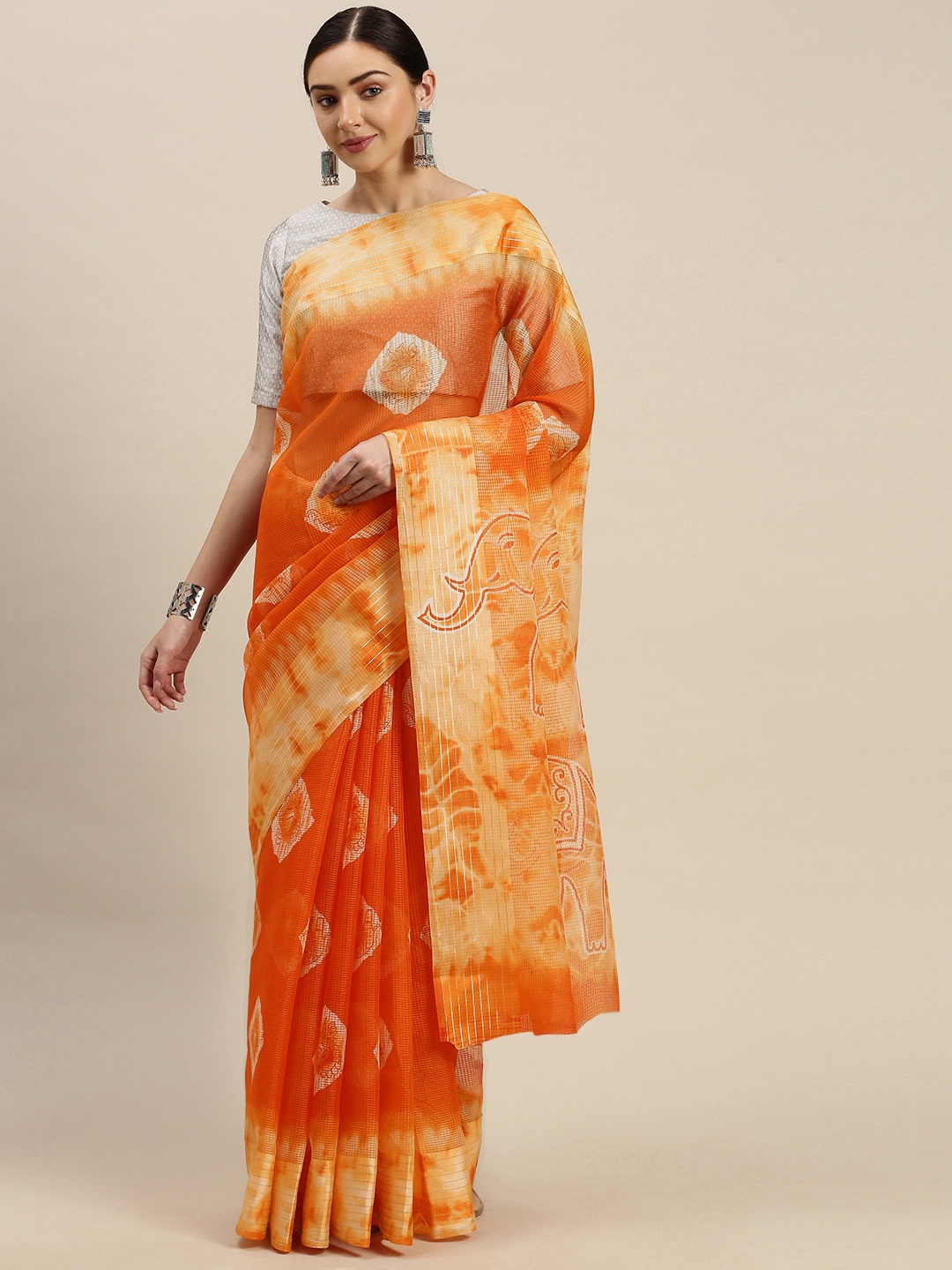 

Blissta Orange Silk Cotton Printed Kota Saree