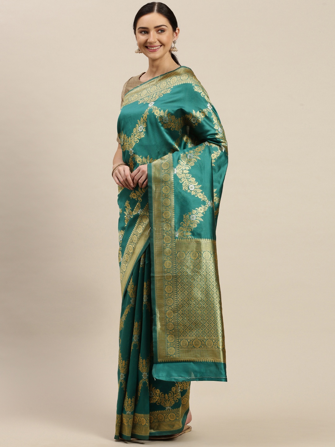 

Mitera Green & Gold-Coloured Woven Design Banarasi Saree