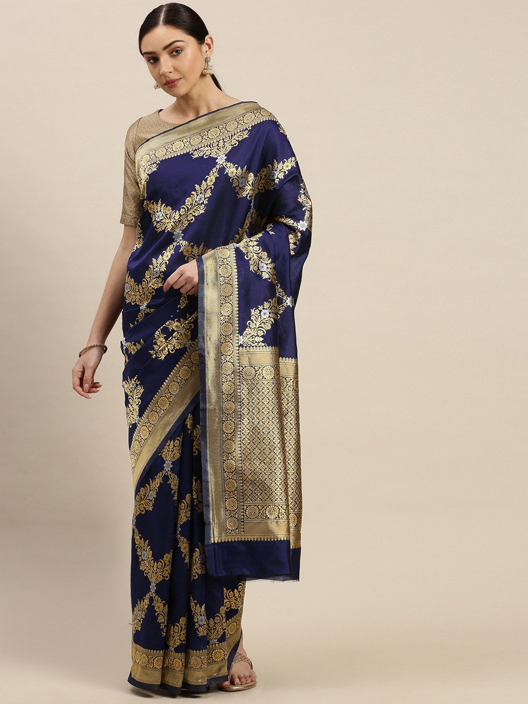 

Mitera Navy Blue & Gold-Coloured Woven Design Banarasi Saree