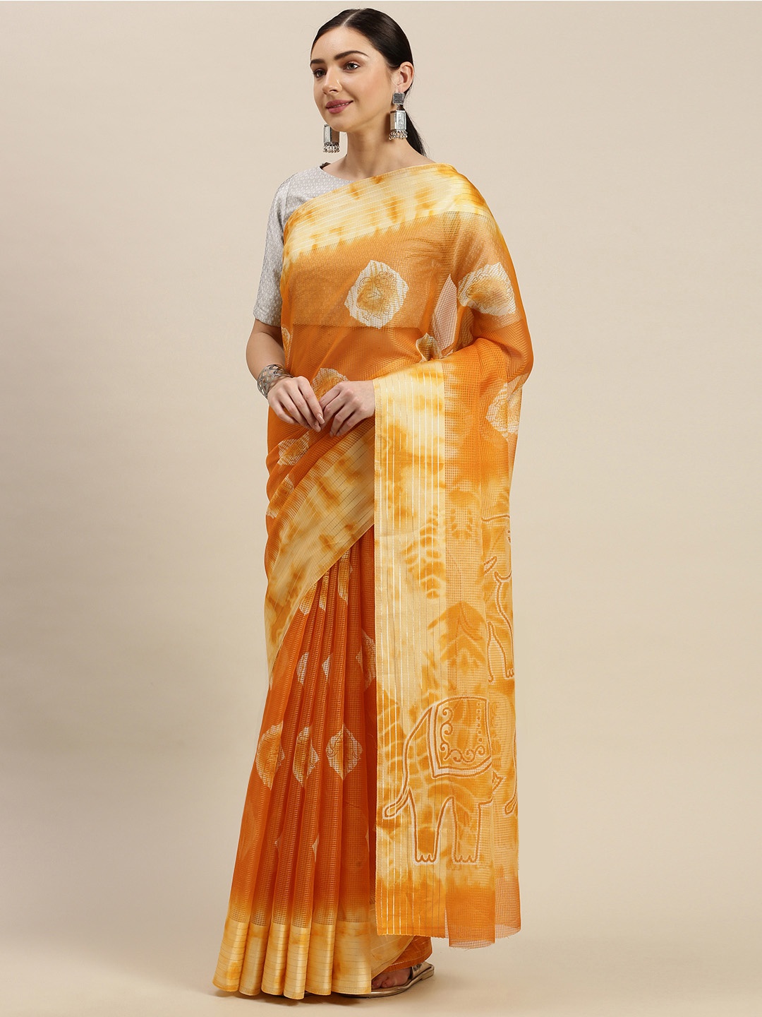 

Blissta Mustard & Orange Silk Cotton Printed Kota Saree