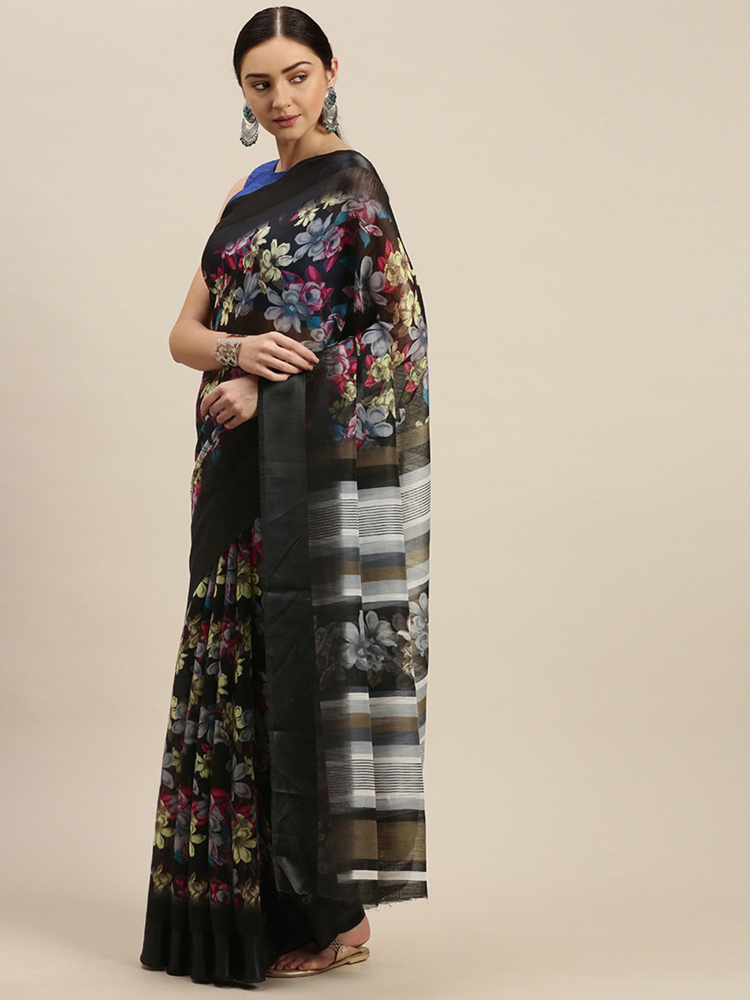 

Blissta Black Printed Linen Blend Saree