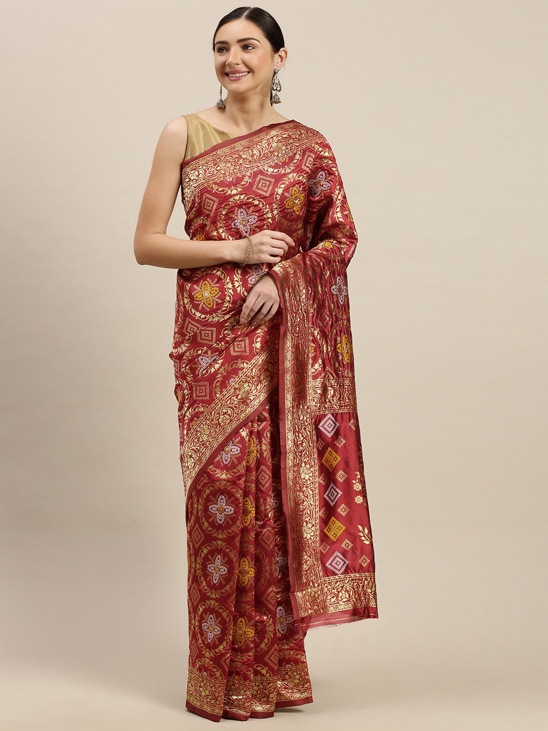 

Mitera Maroon & Golden Silk Blend Woven Design Banarasi Saree
