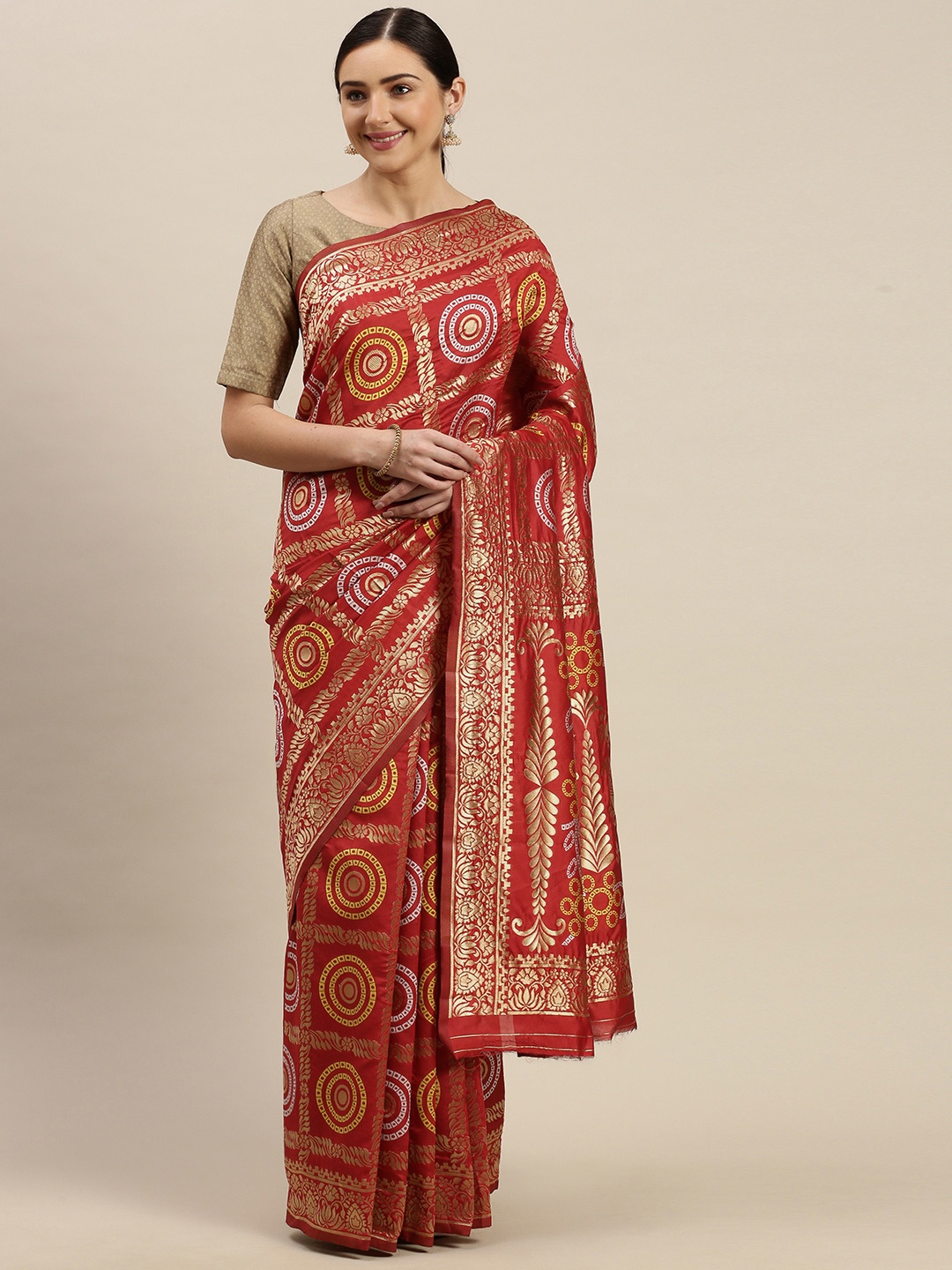 

Blissta Red & Gold-Toned Silk Blend Woven Design Banarasi Saree