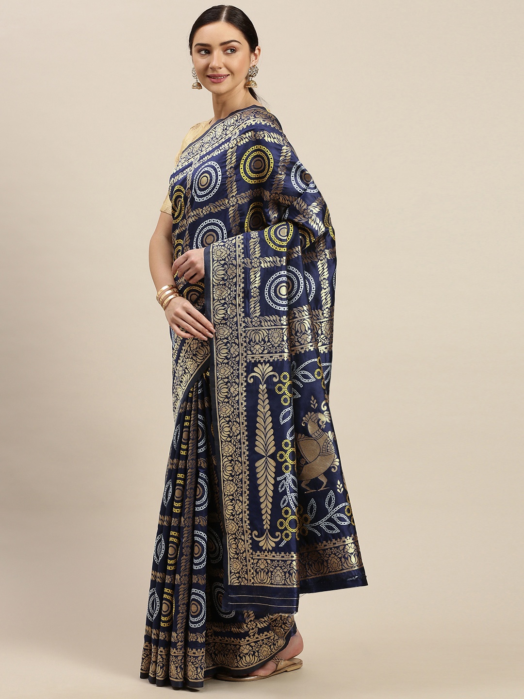 

Blissta Navy Blue & Golden Silk Blend Woven Design Banarasi Saree