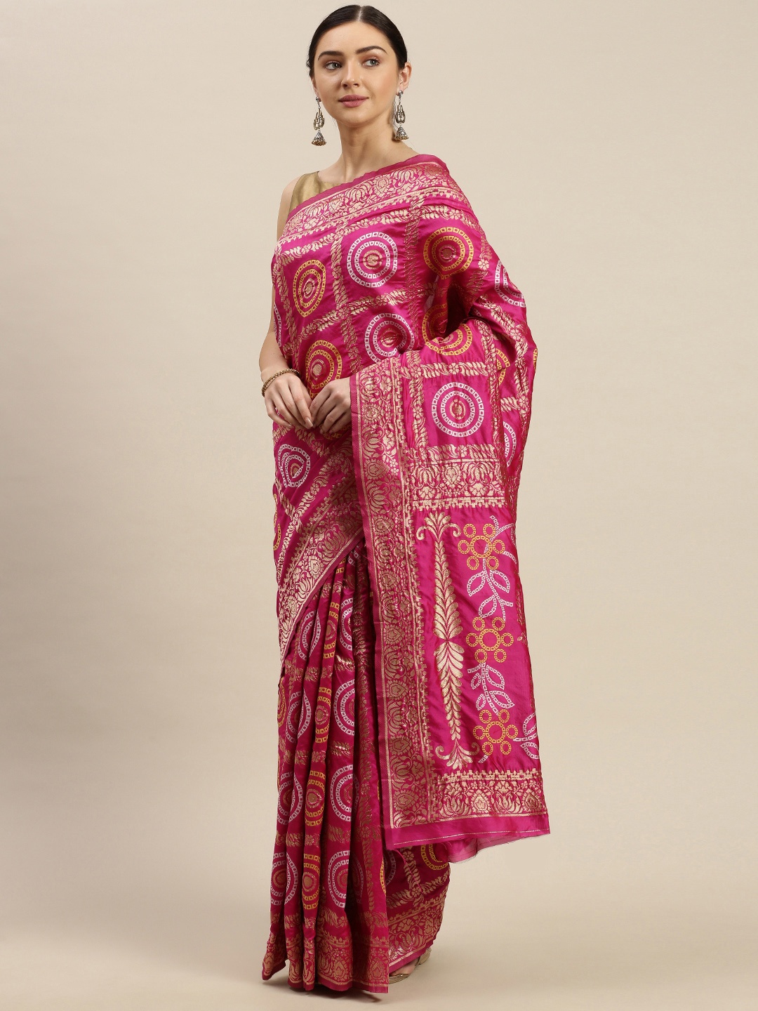 

Blissta Magenta Pink & Gold-Toned Silk Blend Woven Design Banarasi Saree