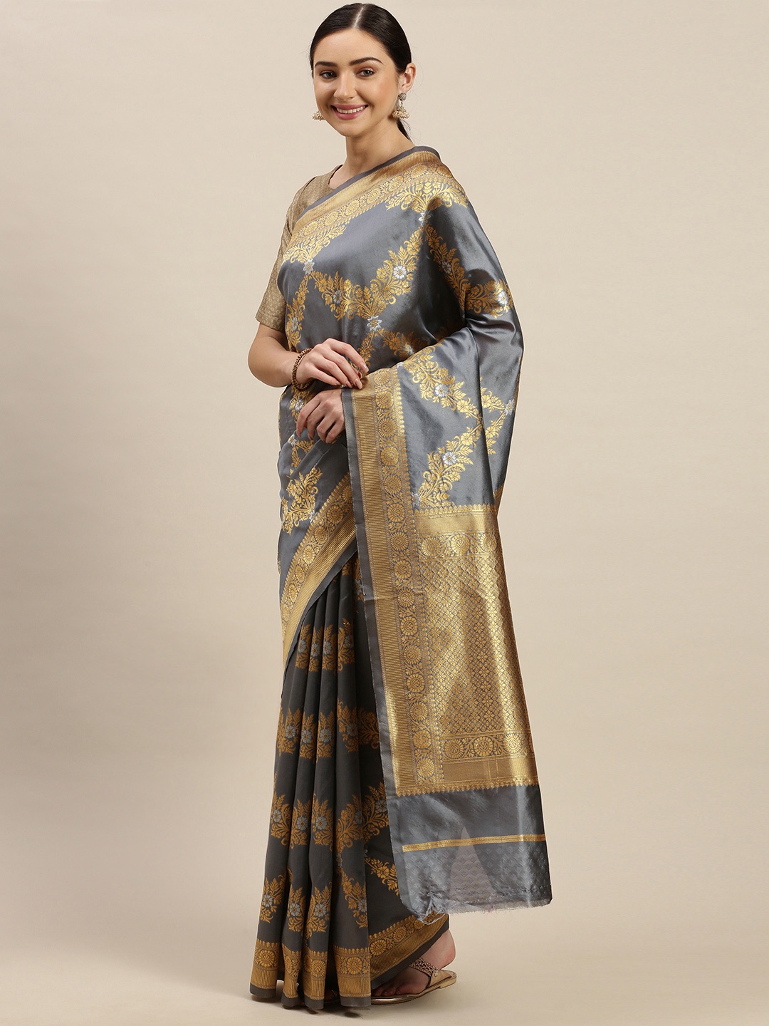 

Mitera Grey & Gold-Coloured Woven Design Banarasi Celebrity Saree