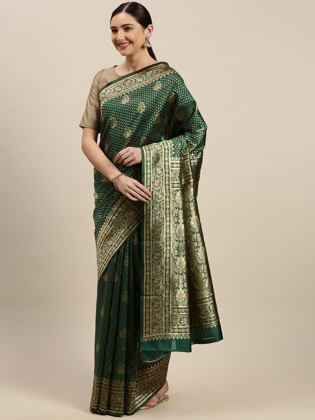 

Blissta Green & Gold-Toned Silk Blend Woven Design Banarasi Saree