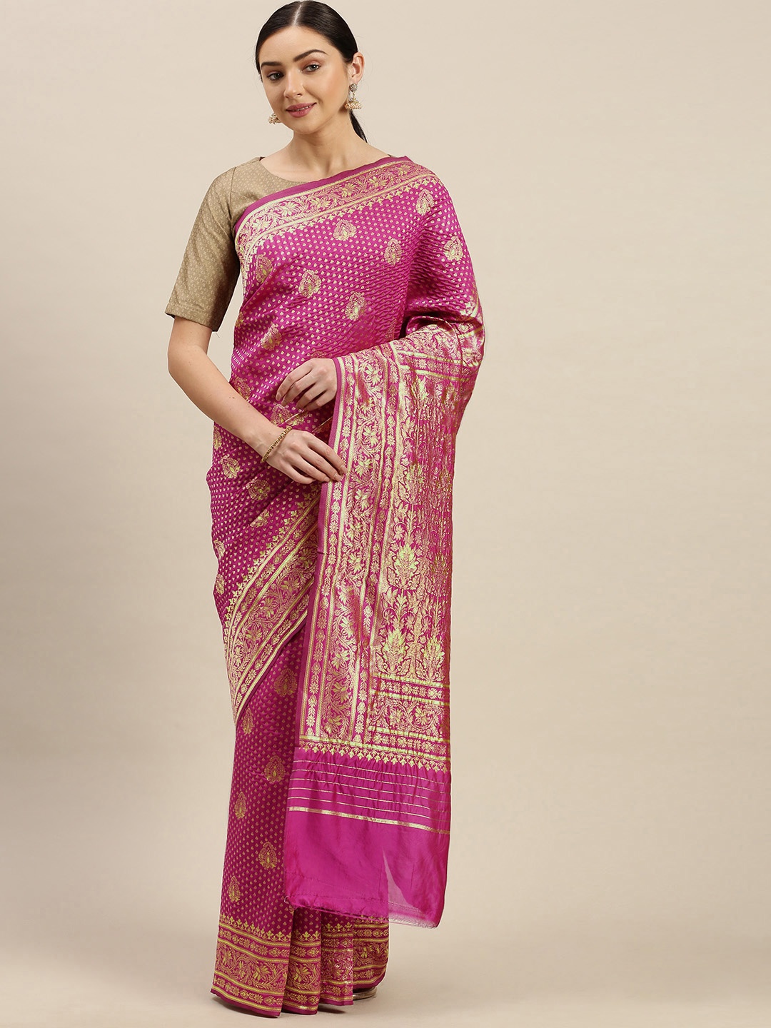 

Mitera Pink & Gold-Coloured Woven Design Banarasi Celebrity Saree