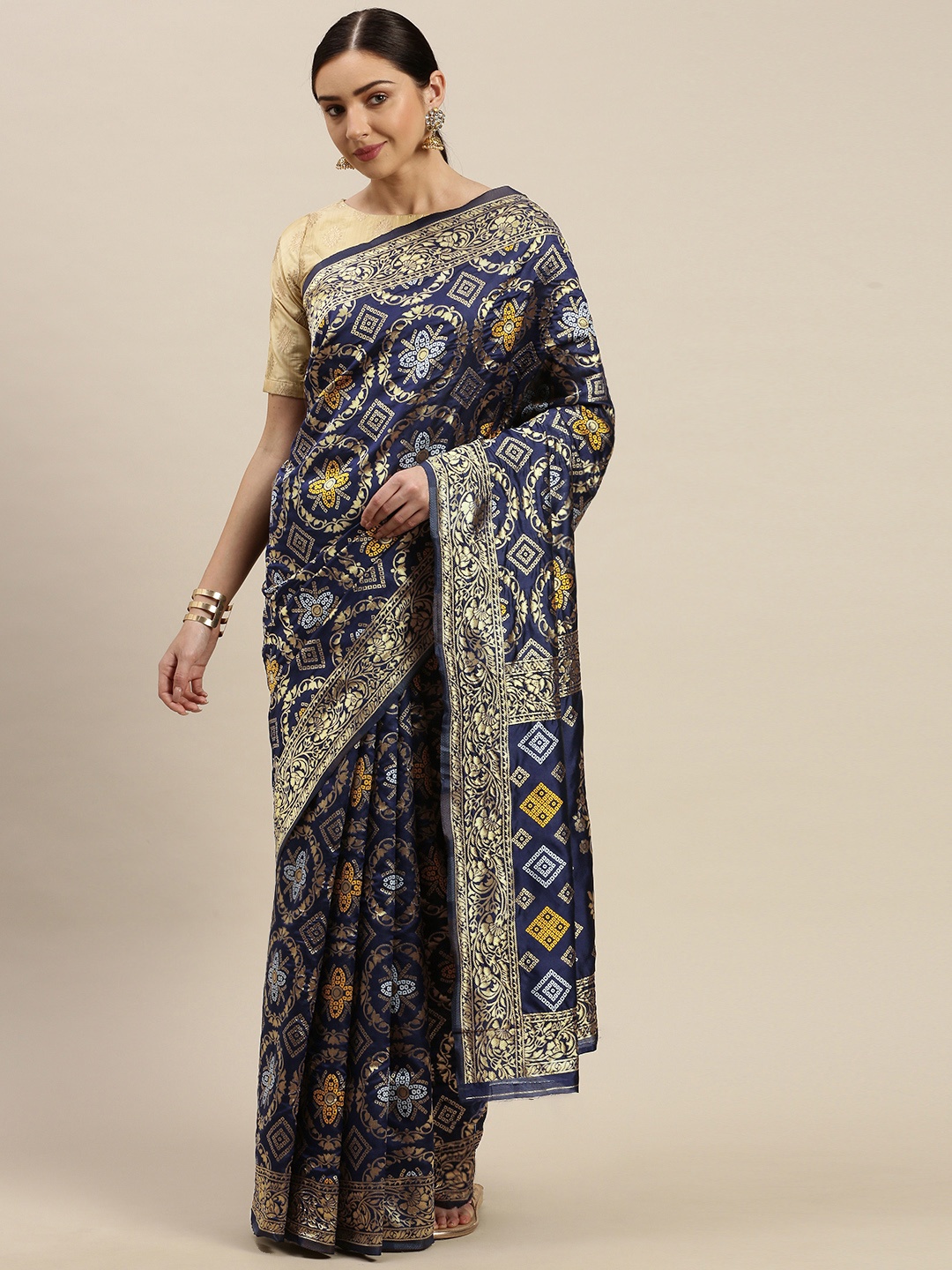 

Mitera Navy Blue & Golden Silk Blend Woven Design Banarasi Saree