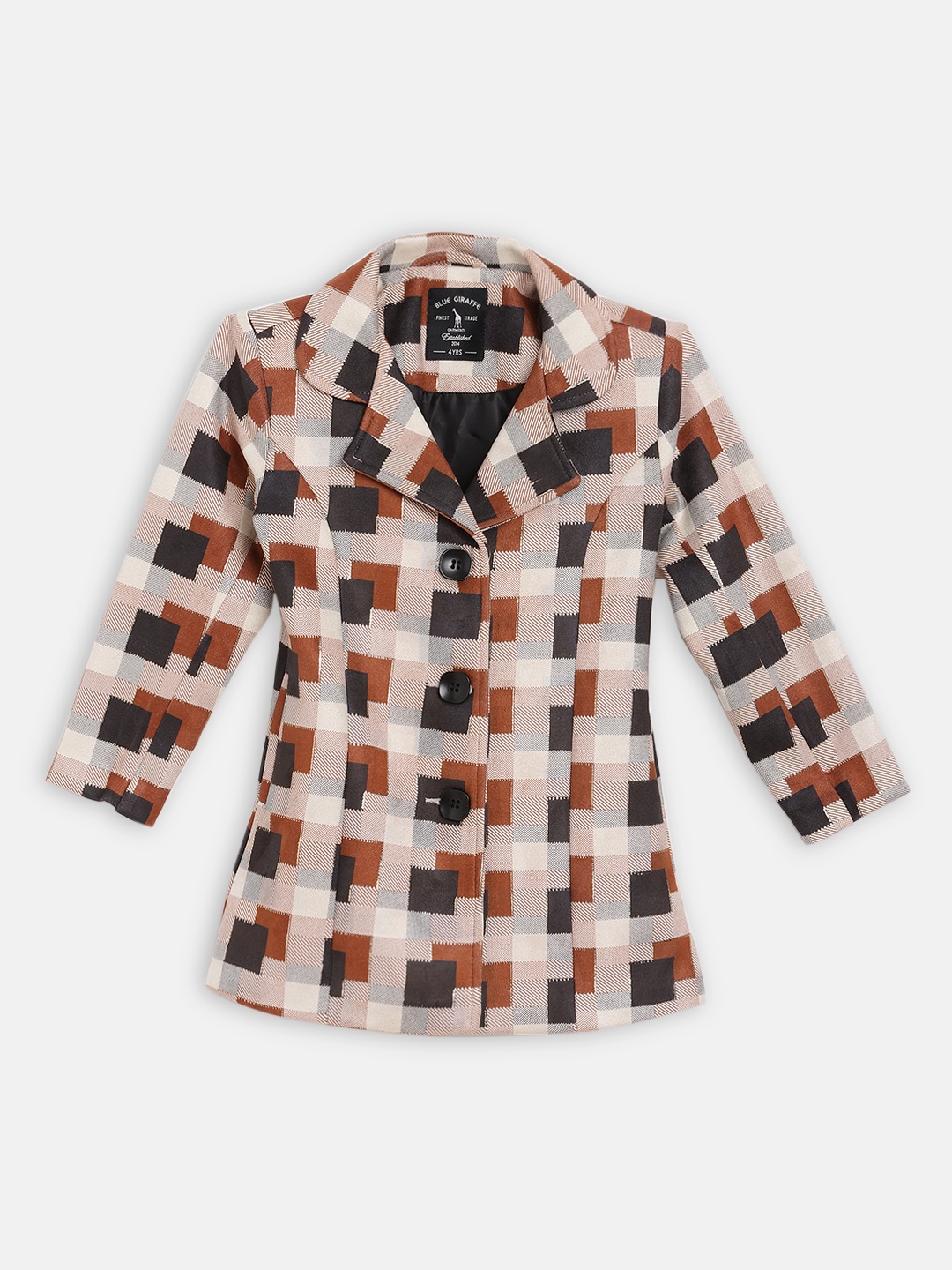 Blue Giraffe Girls Brown & Navy Blue Printed Overcoat