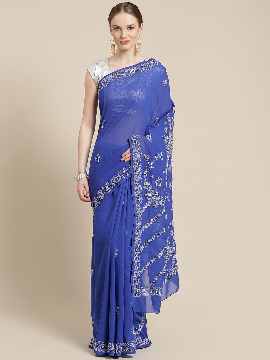 

ADA Blue & White Chikankari Embroidered Saree