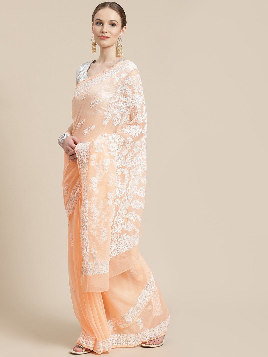 

ADA Peach-Coloured & White Chikankari Hand Embroidered Saree