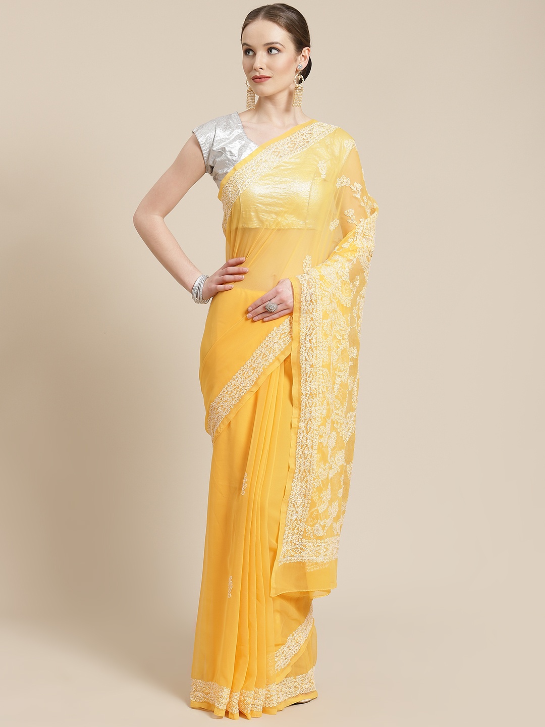 

ADA Orange Chikankari Embroidered Saree