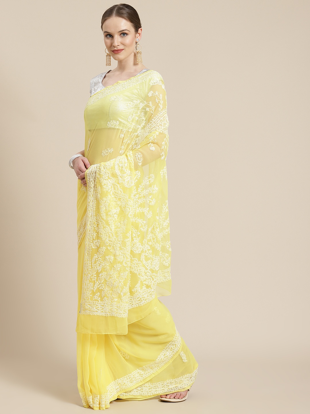 

ADA Yellow & White Chikankari Embroidered Saree