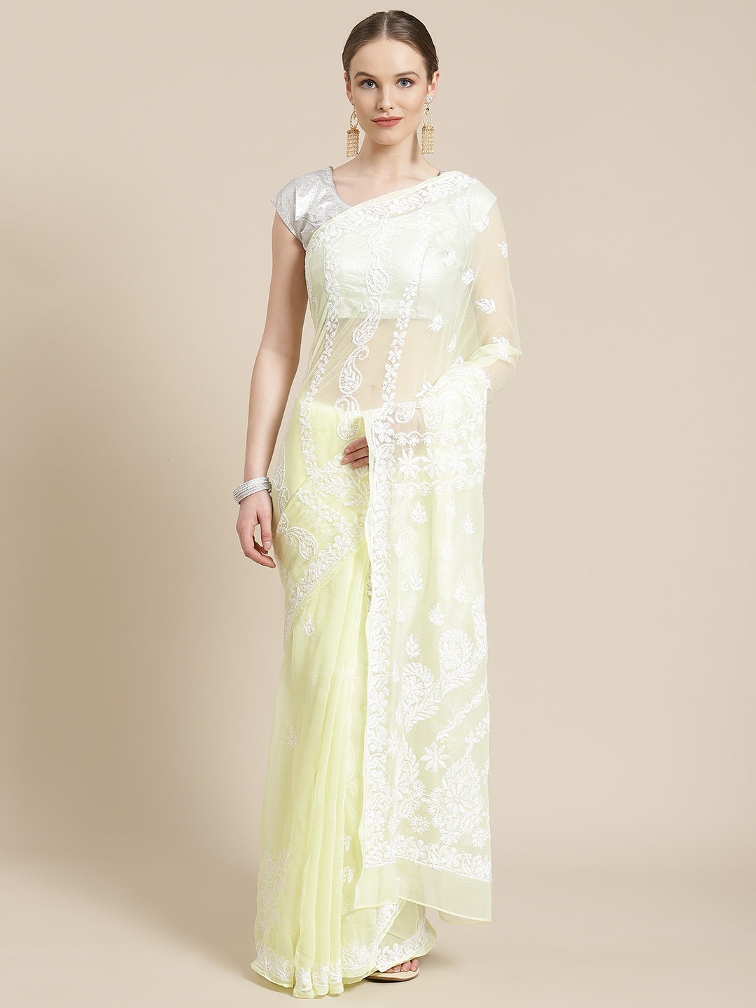 

ADA Yellow & White Chikankari Embroidered Handloom Saree