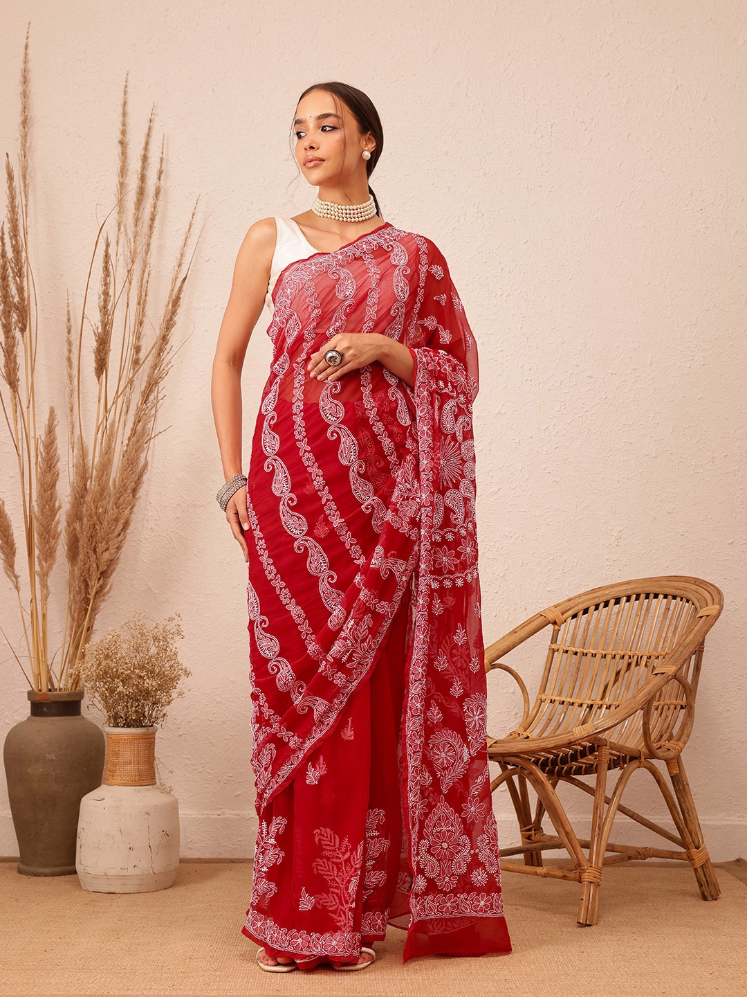 

ADA Red & White Chikankari Embroidered Handloom Saree